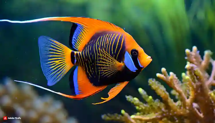 Vibrant regal angelfish displaying its striking yellow, white, and blue colors.