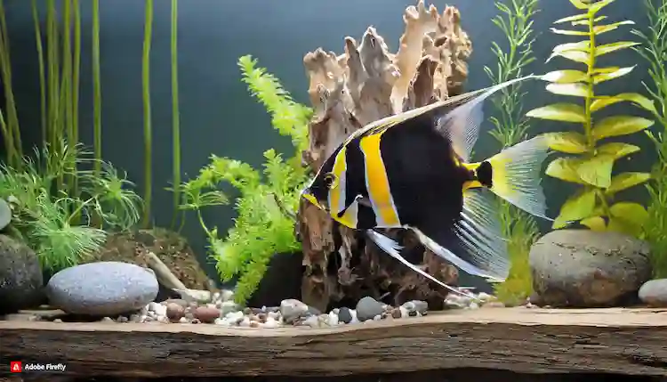 Image of a well-designed angelfish aquarium with driftwood, rocks, and lush live plants.