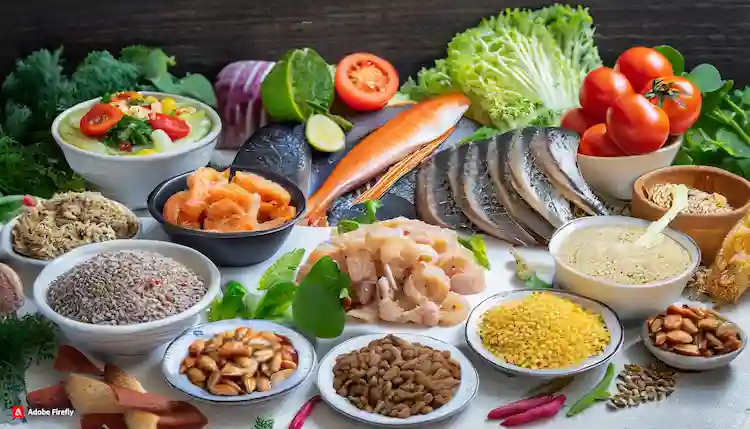 depicting various types of fish food, including flakes, vegetables, and live foods for dietary guidance