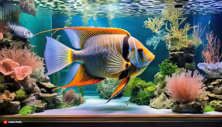 Well-maintained marine aquarium with regal angelfish as the centerpiece